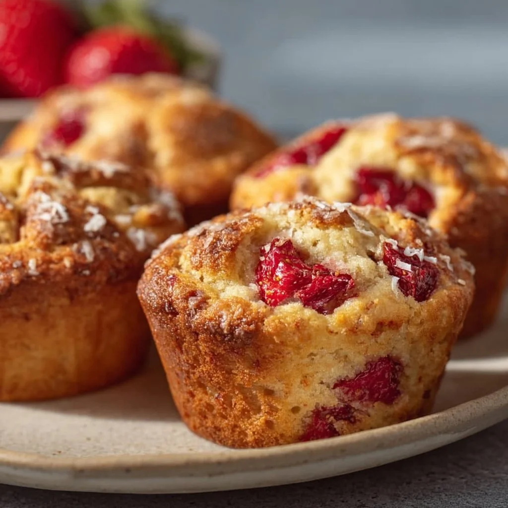 Wholesome almond flour strawberry muffins on a wooden table
